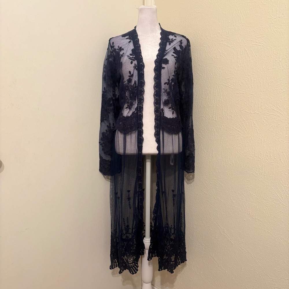 Navy Blue Sheer Floral Lace Long Duster Cardigan Open Front Boho Fairy Fall Sz M